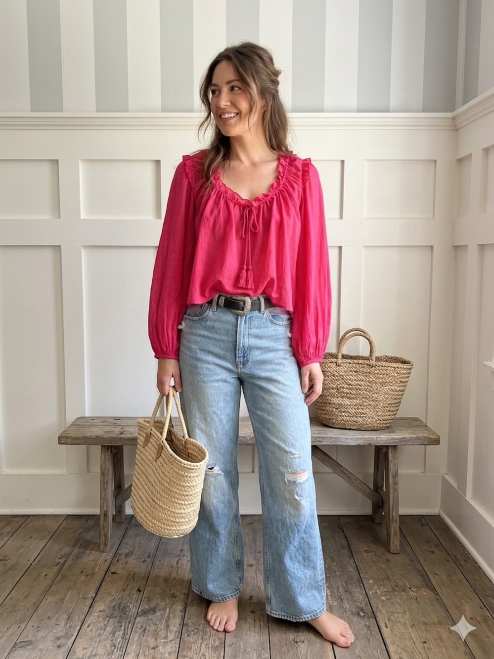 VENUS Hot Pink Long-Sleeve Ruffle‎ Peasant Blouse Small
